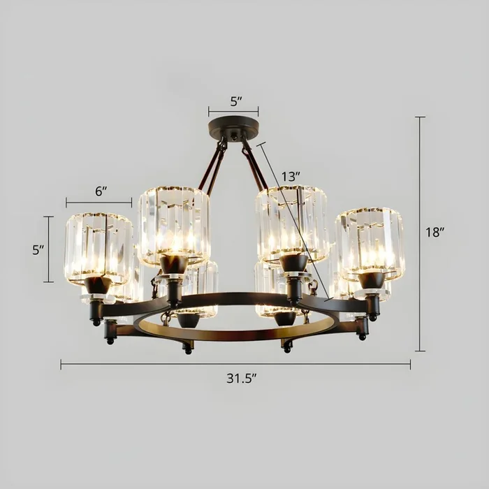 Luz de Araña de Metal Estilo Moderno Lámpara Suspendida Cónica con Sombra de Cilindro de Cristal Claro – 220 A 240 V 8 Negro