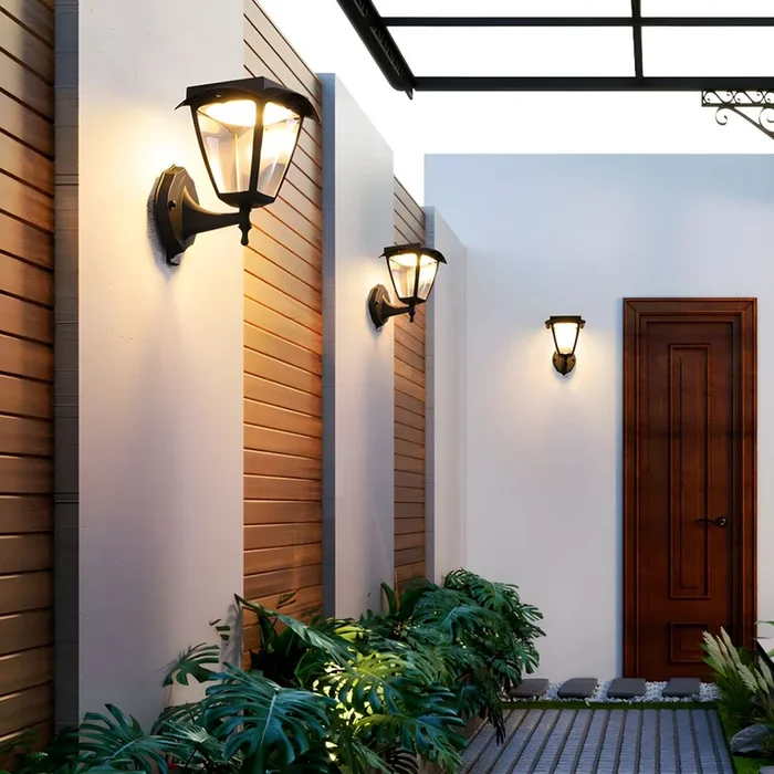 Luz de Pared de Solar Tradicional de Farol LED Luminaria de Pared de Metal en Negro