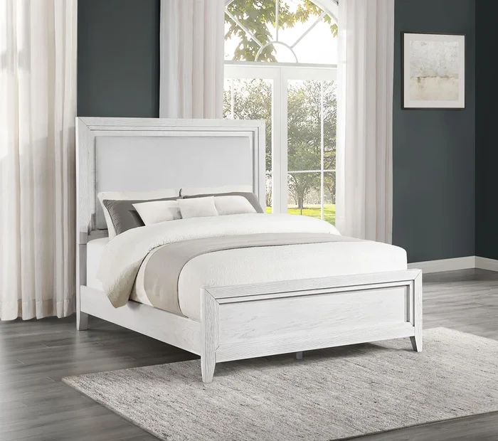 Marielle Distressed White Eastern King LED Panel Bed