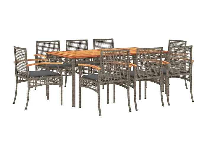Meryem Set comedor jardín 9 pzas y cojines ratán sintético gris