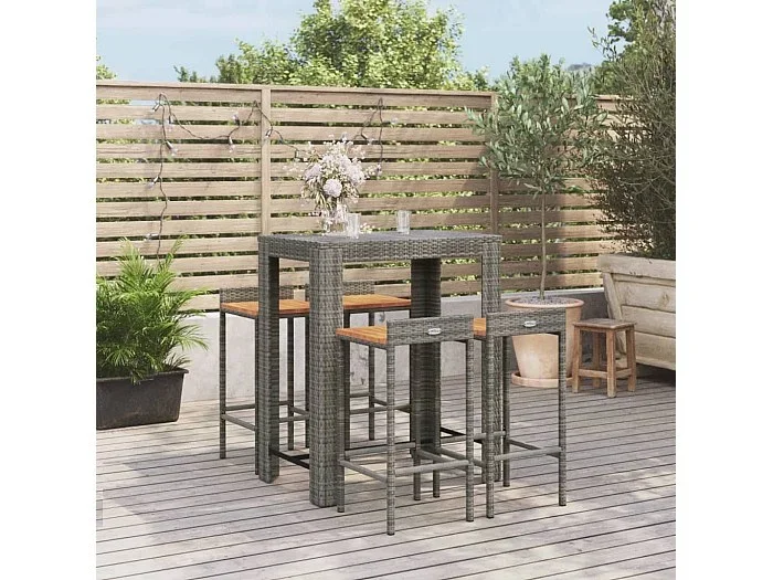 Mesa bar y taburetes jardín 5 pzas madera acacia ratán PE gris ES550051