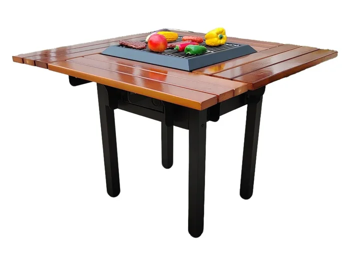 Mesa barbacoa con grill y tablero de madera. Mesa barbacoa para cuatro asientos. Estructura en acero pintado y tablero de madera de pino muy resistente. Con tapa de acero, grill de acero inoxidable.