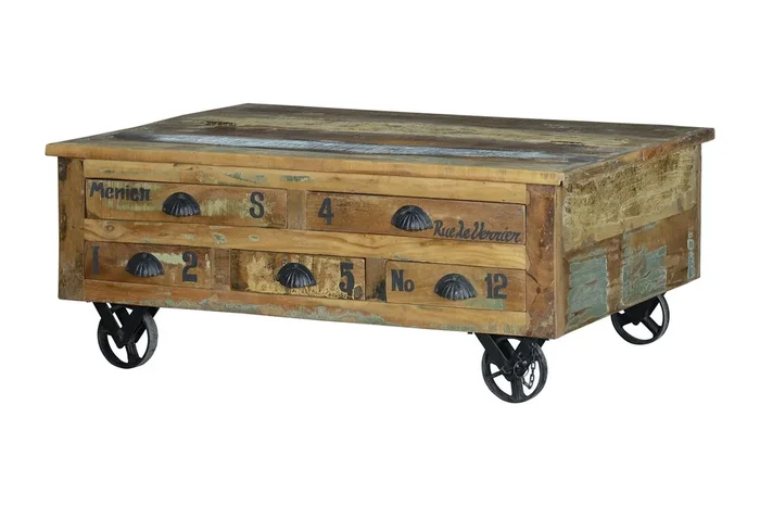 Mesa centro, mesa de café en madera reciclada y ruedas de metal, Multicolor 42x70x110 cm – Giner y Colomer