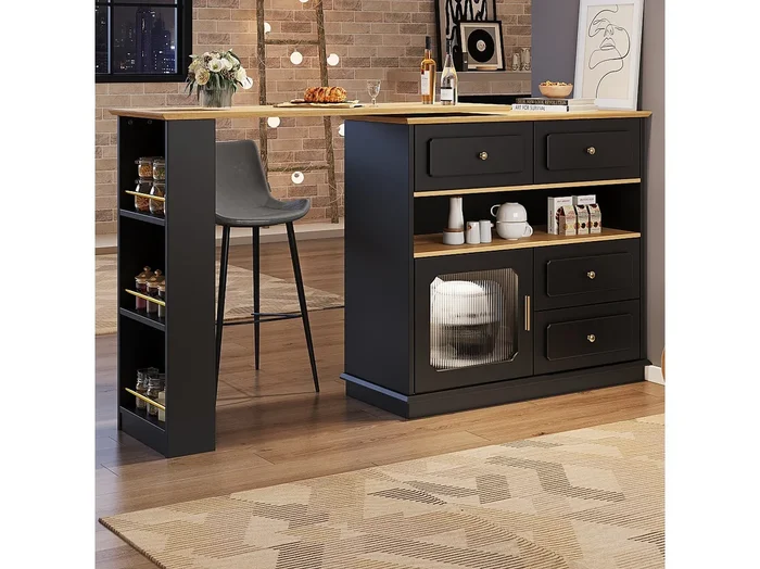 Mesa de bar extensible MDF 125-181cm giratoria 360° con almacenaje cristal negro cocina salón