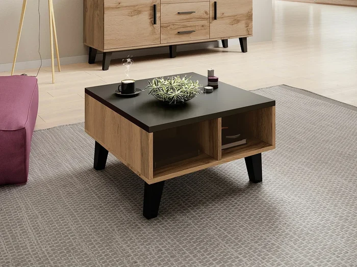 Mesa de café Charlotte G100, Wotan roble Negro, 35x60x60cm, Aglomerado laminado, Angular