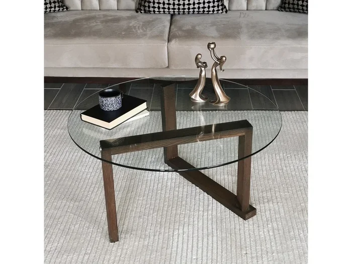 Mesa de café Kailua 1146, Nogal, 41cm, Diámetro 80, Vidrio templado, Redonda