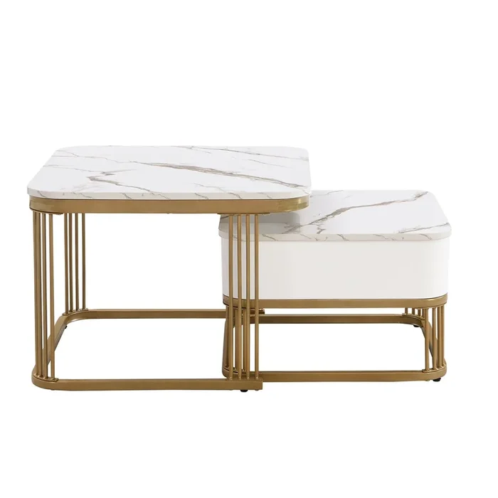 Mesa de centro apilable – Set de 2 piezas – Efecto mármol brillante, acentos dorados, con cajones – Blanco