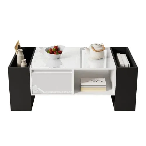 Mesa de centro, cajones, 4 compartimentos abiertos.