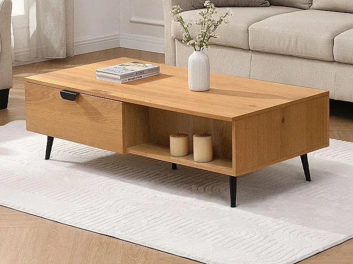 Mesa de centro con 2 cajones y 2 estantes chapado en roble y acero – Natural claro y Negro – SINOLO