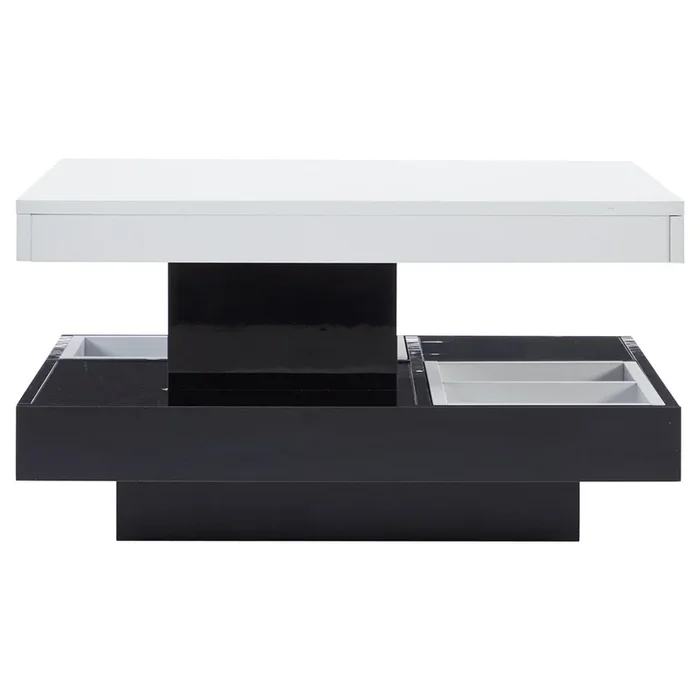 Mesa de centro con almacenamiento 70x70x36 cm – tapa brillante giratoria 360° – Blanco y Negro