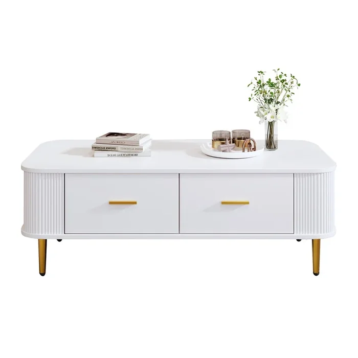 Mesa de centro con cajones – esquinas redondeadas, laterales ondulados, asas y patas doradas – Blanco
