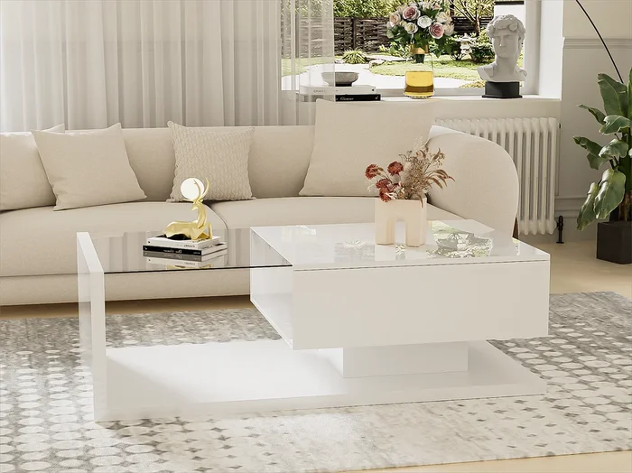 Mesa de centro con LED – vidrio y tableros de partículas – Blanco