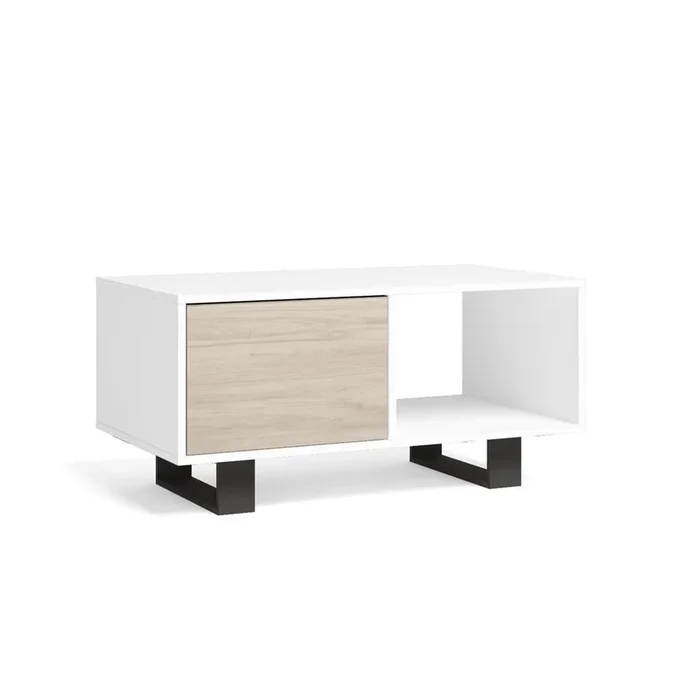 Mesa de centro con puertas, salón comedor, Modelo WIND, color estructura Blanco, color puertas Roble, medidas 92x50x45cm de altura.