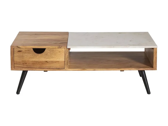 Mesa de centro de acacia y mármol Frida con almacenamiento – Estilo escandinavo