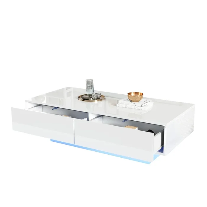 Mesa de centro de alto brillo rectangular de panel de partículas con 2 cajónes y luz led,blanco