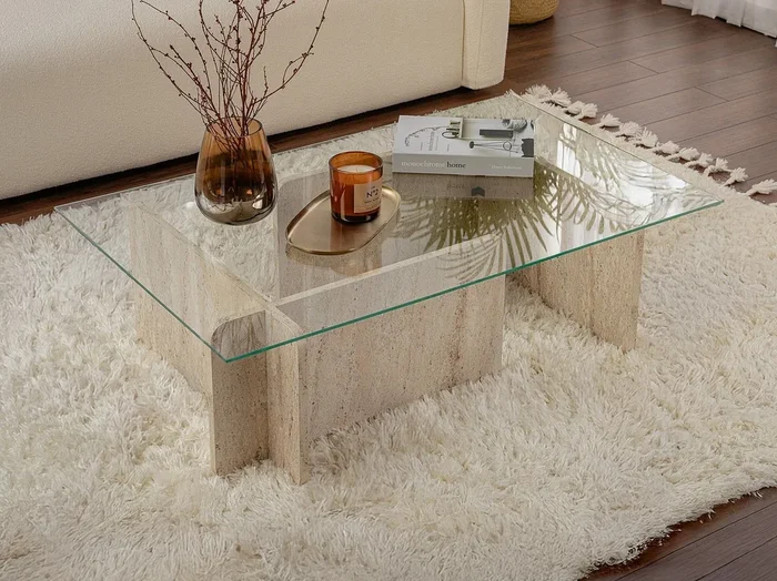 Mesa de centro de cristal templado – Efecto travertino beige y transparente – AZRA