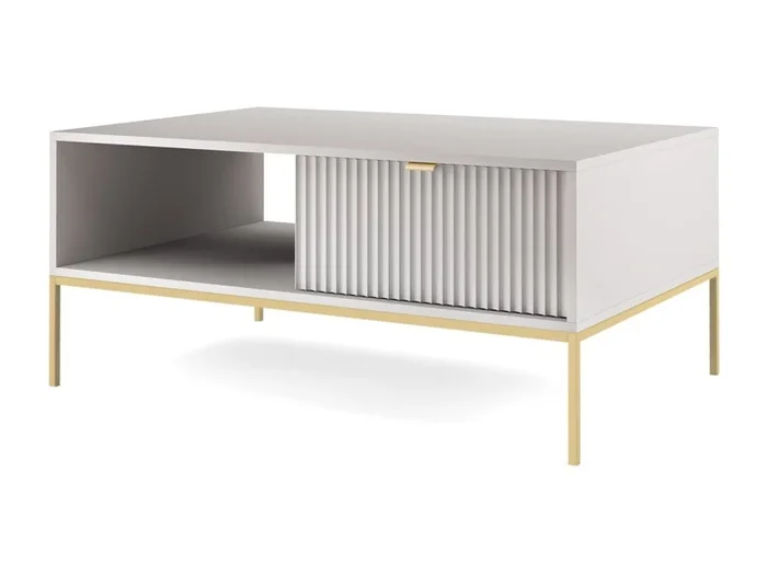 Mesa de centro de madera laminada con patas de metal dorado 104×68 cm