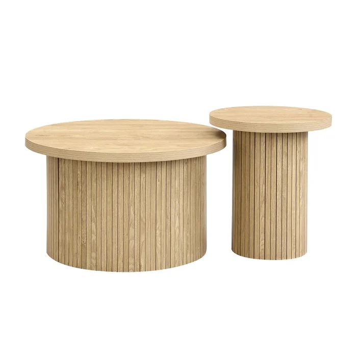 Mesa de centro doble redonda – Mesa auxiliar con listones de madera natural – Natural