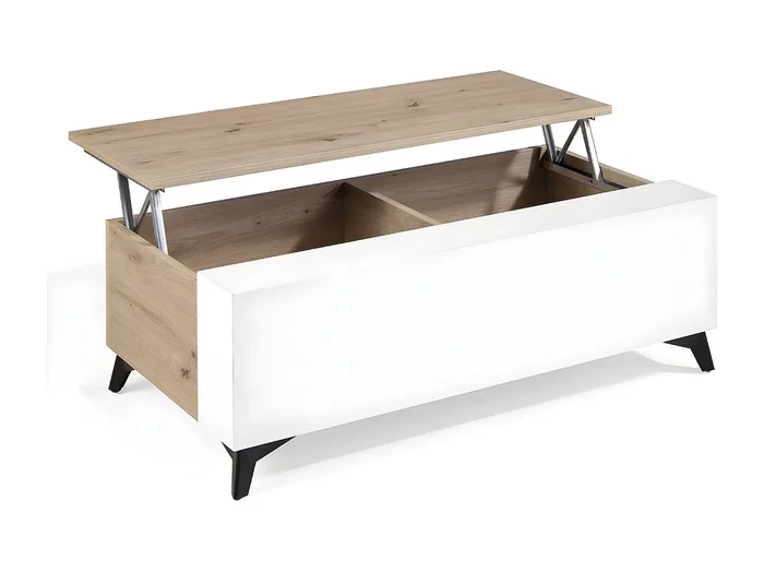 Mesa de centro elevable Lazeto 110 cm en roble claro y madera blanca