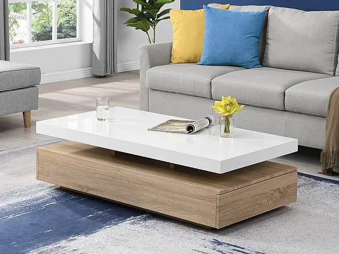 Mesa de centro FELIX – 2 cajones – MDF – Color roble y blanco
