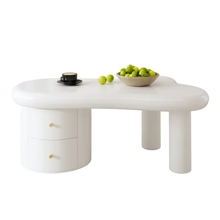 Mesa de centro moderna – Forma irregular – 2 cajones, ahorro de espacio, estilo, estable – Blanco