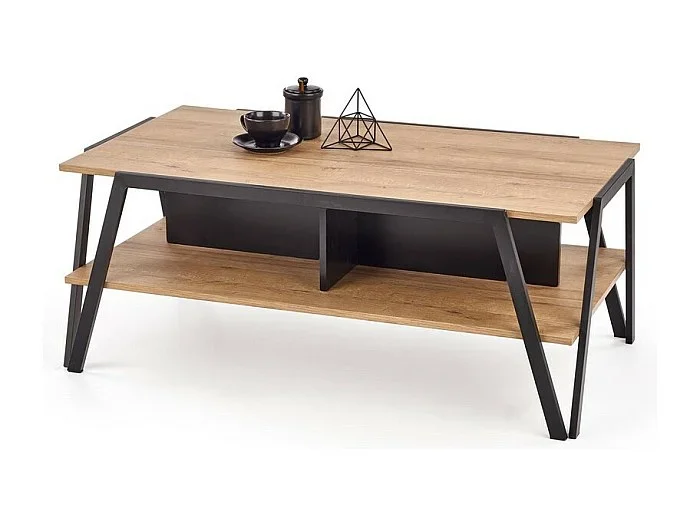 Mesa de centro rectangular de diseño en roble con patas de metal negro Walt