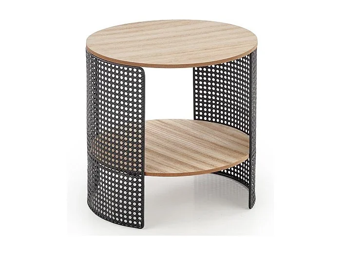 Mesa de centro redonda con estructura de metal negro calado y tablero de aspecto madera LEANA