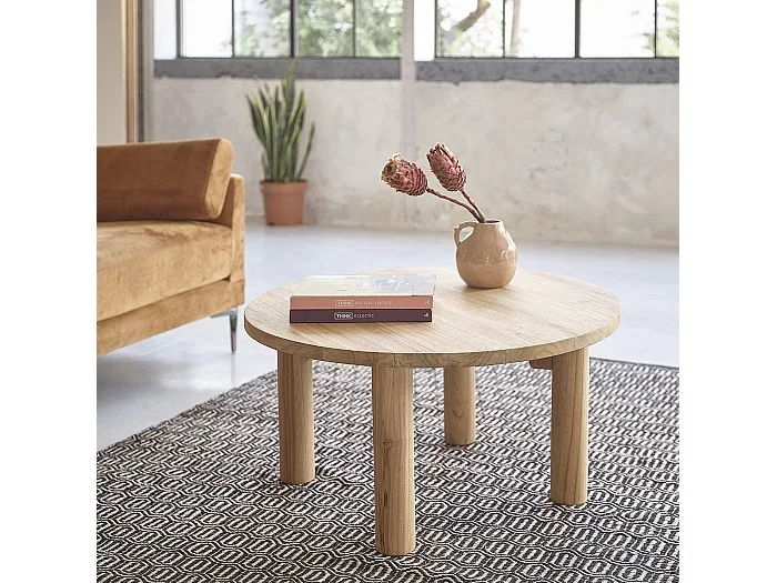 Mesa de centro redonda de madera de teca maciza