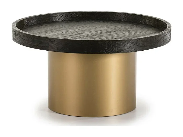 Mesa de centro redonda de madera oscura y metal dorado D 80 cm