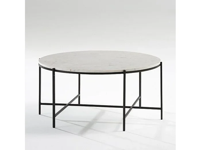 Mesa de centro redonda de mármol blanco con patas de metal negroD 86 cm