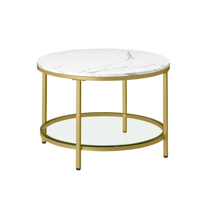 Mesa de Centro Redonda Estilo Moderno Blanco Mármol y Dorado Claro-VASAGLE