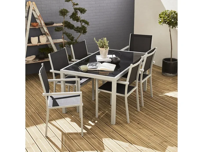 Mesa de jardín de aluminio, 6 sillas de textileno gris