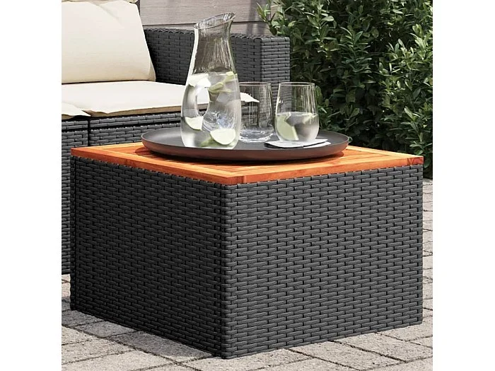 Mesa de jardín de madera de acacia y ratán PE negro 55x55x37 cm
