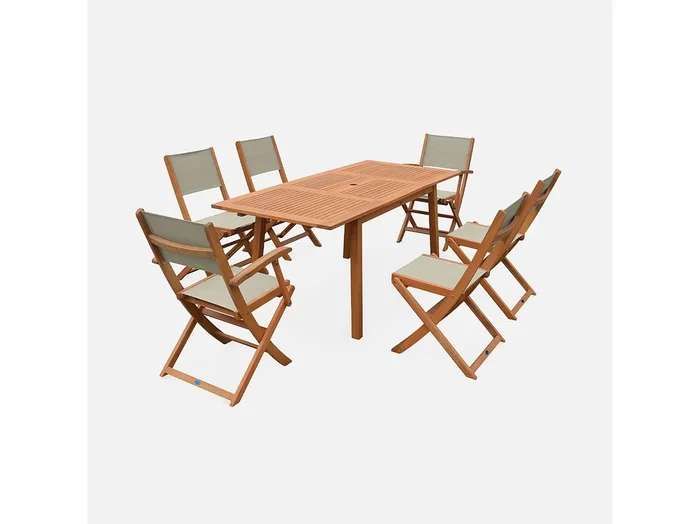 Mesa de jardín de madera extensible, 6 sillas madera