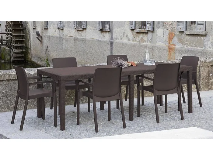 Mesa de jardín Dmains, Mesa de comedor extensible rectangular, Mesa de jardín extensible efecto ratán, 100% Made in Italy, 150x90h72 cm, Marrón