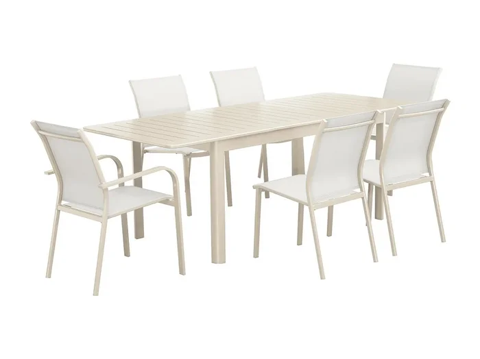 Mesa de jardín extensible de aluminio con 6 sillas beige