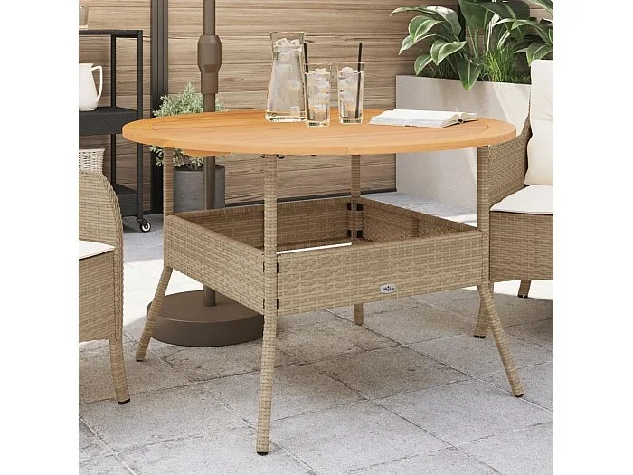 Mesa de jardín superficie de madera ratán PE beige Ø110×71 cm