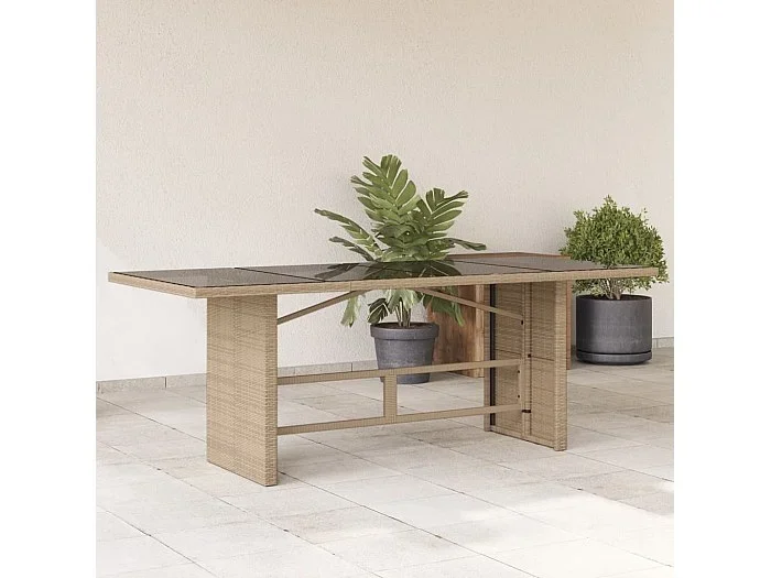 Mesa de jardín superficie de vidrio ratán PE beige 190x80x74 cm