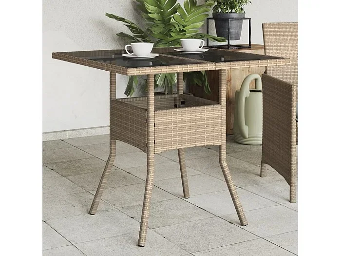 Mesa de jardín superficie de vidrio ratán PE beige 80x80x75 cm