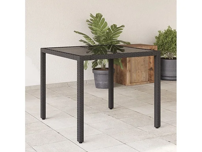 Mesa de jardín superficie de vidrio ratán PE negro 90x90x75 cm ES631937