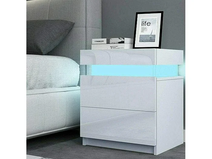Mesa de noche de alto brillo con luces LED, outro de ahogamiento 2 cajones muebles de dormitorio de mesa nocturna – 45x35x52cm – blanco