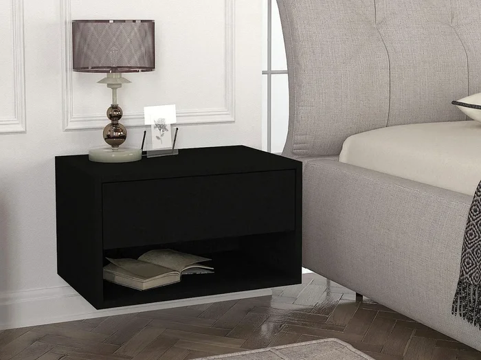 Mesa de noche flotante – 1 cajón y 1 estante – Negro – RITAMI