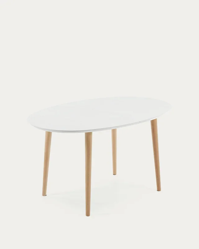 Mesa extensible oval Oqui MDF lacado blanco y patas madera maciza haya 140 (220) x 90 cm