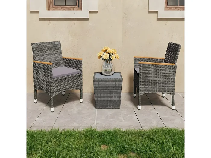 Mesa y sillas de jardín 3 pzas ratán PE y vidrio templado gris ES372410