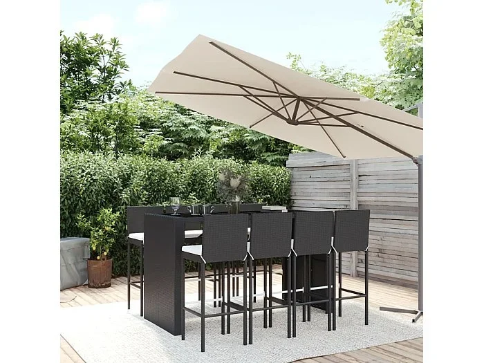 Mesa y taburetes altos jardín 9 piezas y cojines ratán PE negro