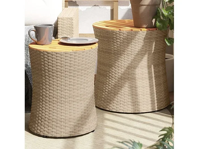 Mesas auxiliares jardín 2 pzas superficie de madera ratán beige ES526491