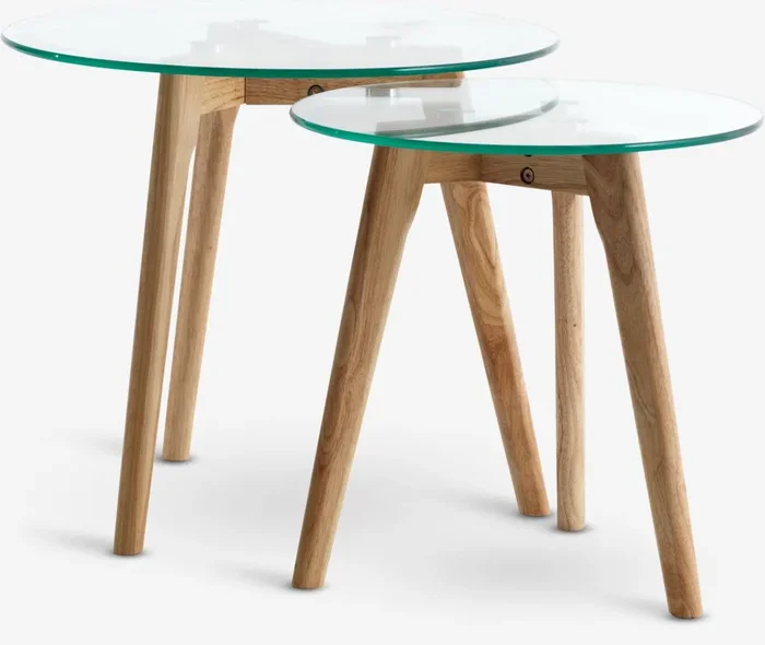 Mesas nido FALSLED Ø50/40 cristal/roble natural juego de 2