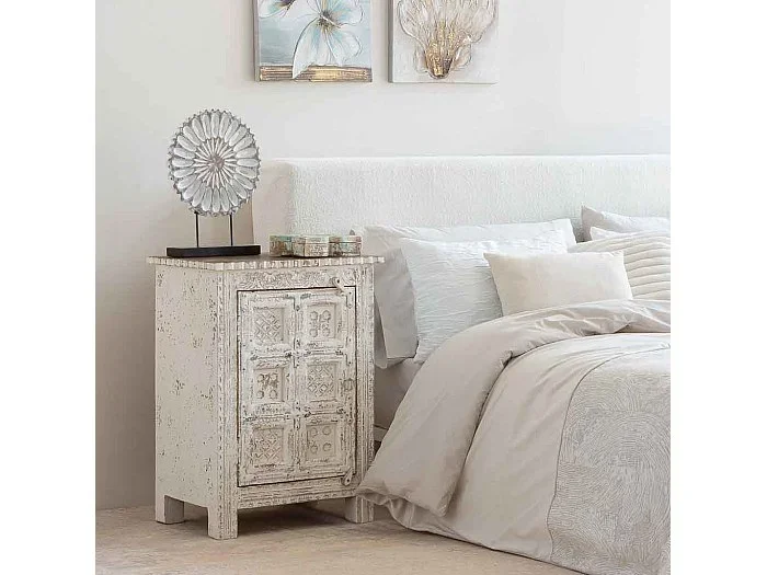 Mesita de madera acabado artesanal de 1 puerta blanco 53x40x73h cm