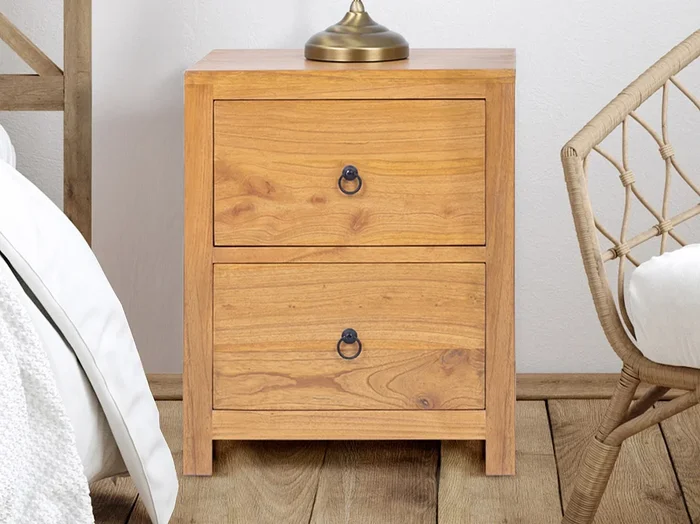 Mesita de noche 2 cajones – Madera de mindi – Natural – PILABO