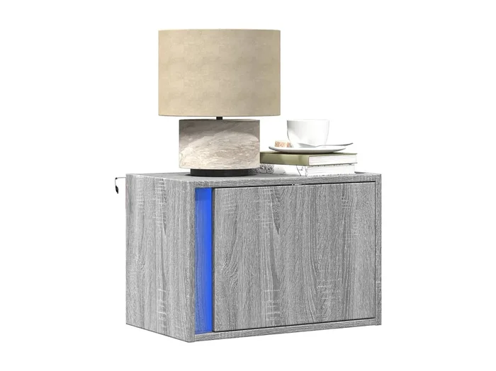 Mesita de noche de pared con luces LED gris Sonoma